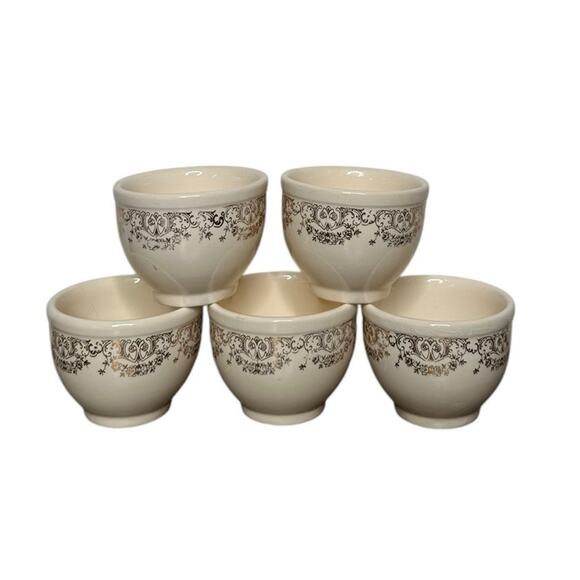 Vtg Nasco Ivory with Gold Floral Scroll Soup Fruit Cup Bowls Set of 5 2.75" Tall - Picture 2 of 10